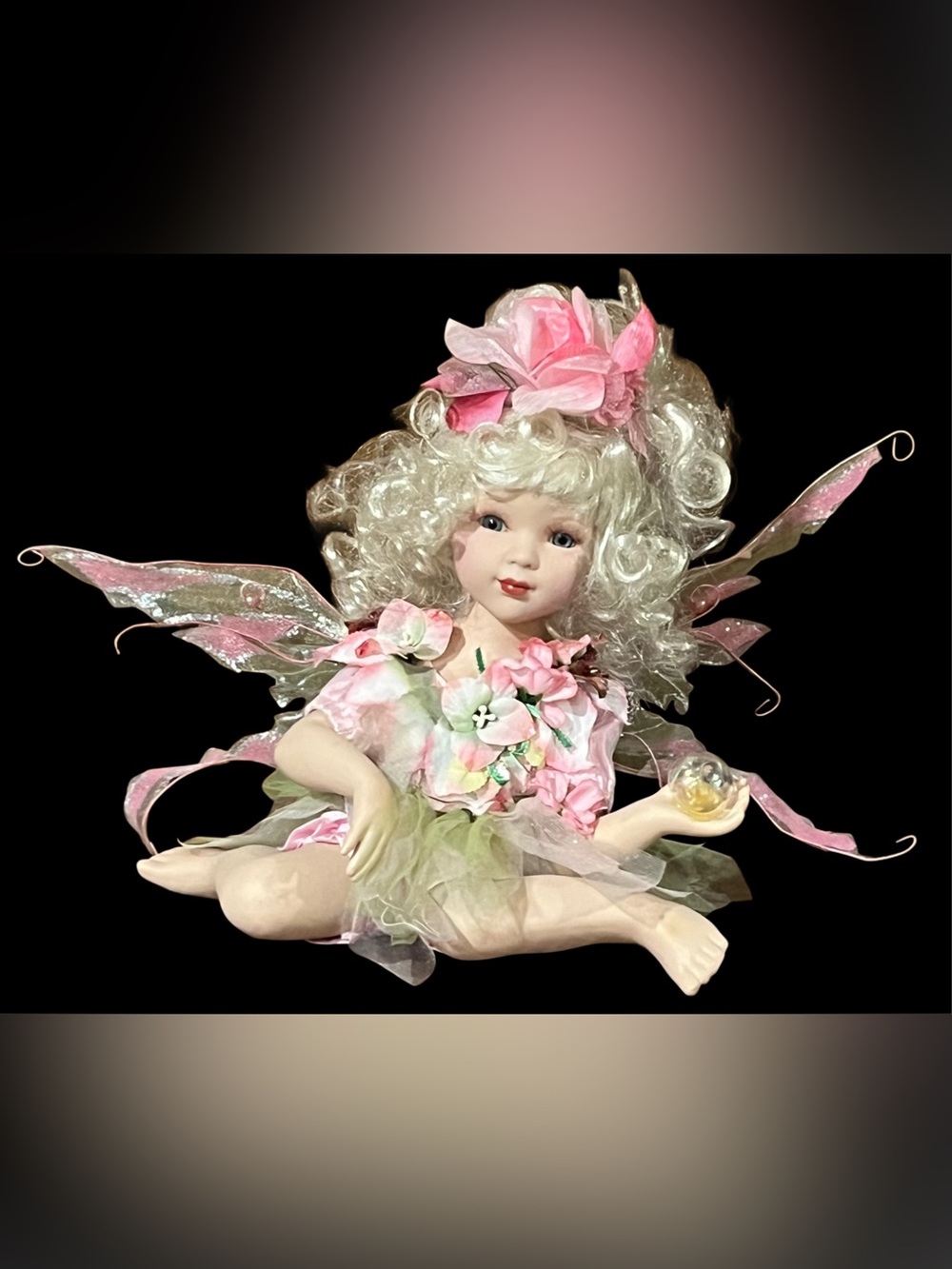 Pink Floral Fairy Porcelain Doll ht 12”
